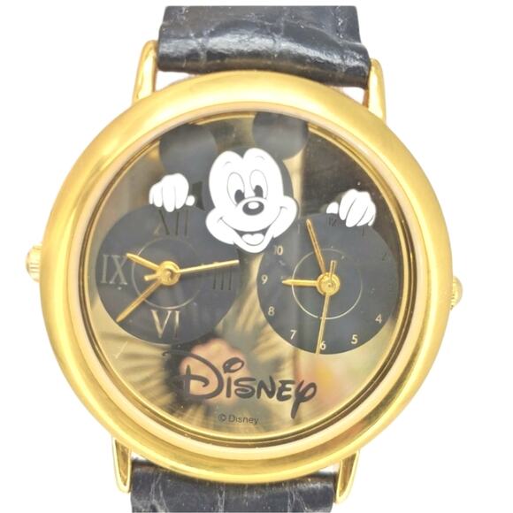 Disney Mickey Mouse Dual Dial Watch Gold Black Band H2F - Picture 1 of 14